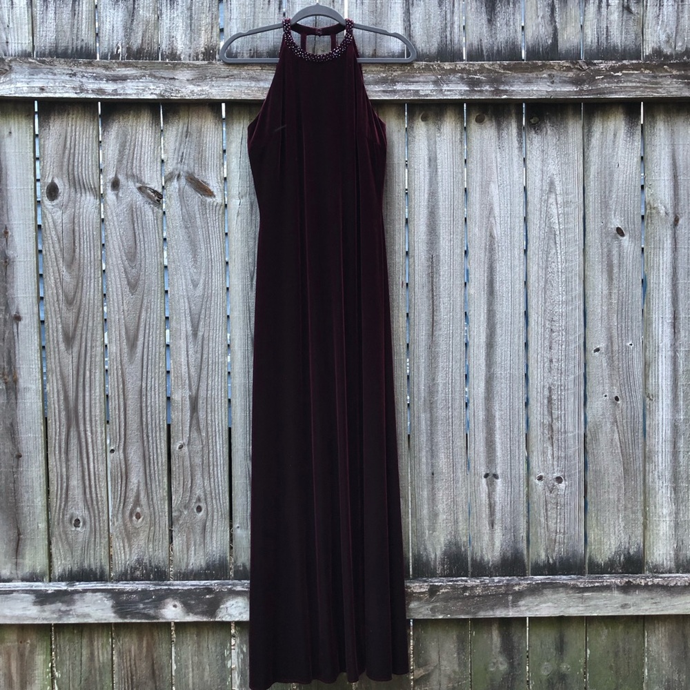 Vintage Reggio Maroon Velvet Maxi Dress Halter Beaded Strappy Wine Red